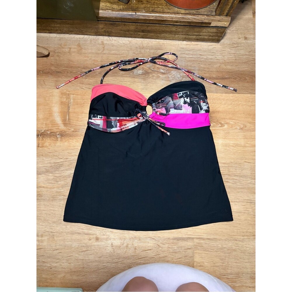 Y2K OP Black Tankini Halter Camisole with Pink and Coral Striped Accents